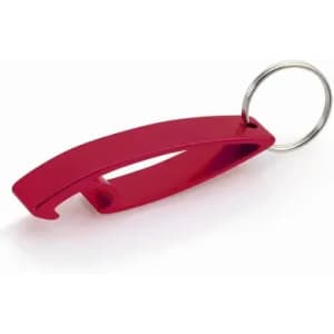 A red keychain bottle opener with a sleek design, featuring a keyring attachment.