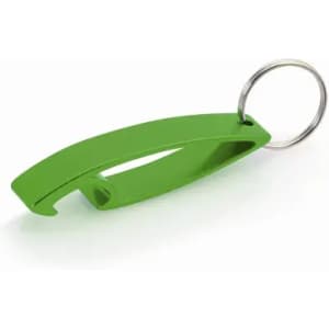 A green keychain bottle opener with a simple, curved design and a metal ring attachment.