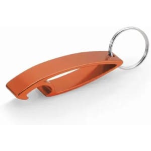 An orange metal keychain bottle opener with a sleek design and a circular ring.