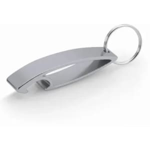 A metal bottle opener keyring with a sleek, silver design and a circular keyring attachment.