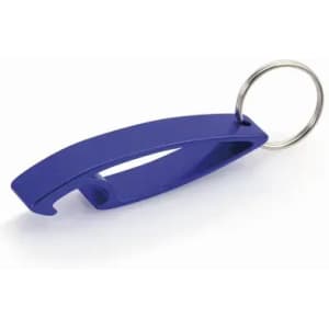 A drink bottle opener in a vibrant blue colour, featuring a keyring attachment.