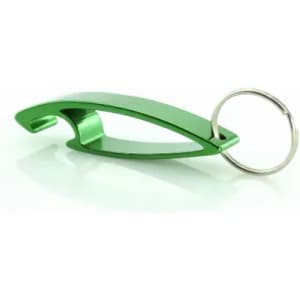A green keychain bottle opener featuring a sleek, elongated design with a ring attachment.