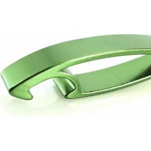A green metal clip with a sleek design, featuring a curved opening and glossy finish.