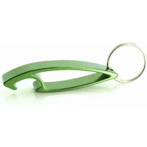 A green metal keyring bottle opener with a sleek design and a round keychain attachment.