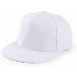 A white cap with a flat brim and a structured front panel. It features a logo on the side.
