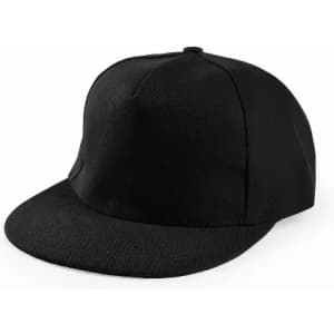 A black cap with a flat brim and a structured design, featuring a plain fabric surface without embellishments.