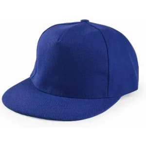 A blue cap with a flat brim and a structured crown, featuring a plain design without embellishments.
