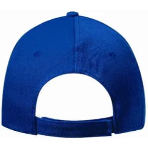 A blue cap with an adjustable strap at the back and a plain design, featuring a logo on the side.