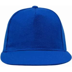 A blue cap with a flat brim and structured crown, featuring a logo on the front.