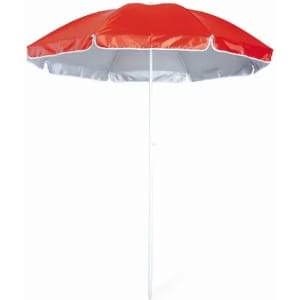 A beach umbrella with a red canopy and white underside, featuring a straight white pole and a simple design.
