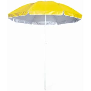 A beach umbrella in yellow and grey, featuring a white pole and edge detailing. It has a logo on the top.