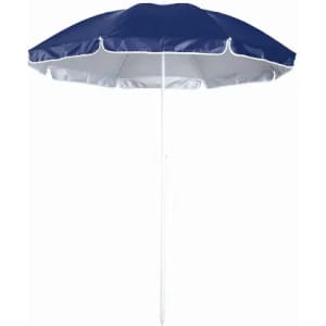 A beach umbrella in navy blue and white, featuring a sturdy pole and a rounded canopy.