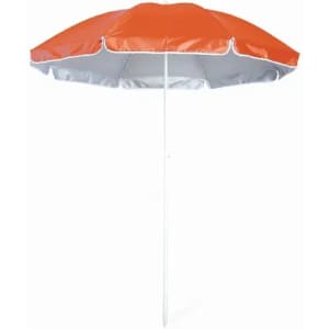 A beach umbrella with an orange top and white underside, supported by a white pole.
