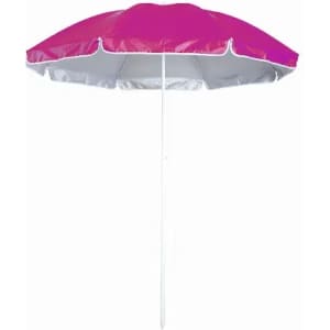 A beach umbrella in vibrant pink and white, featuring a central pole for support.