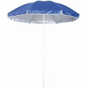 A beach umbrella with a blue top and silver underside, mounted on a white pole, featuring a simple design.