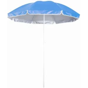 A beach umbrella with a blue canopy and a white pole, featuring a silver trim around the edges.