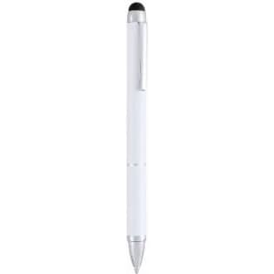 A pen with a white body, silver accents, and a stylus tip at one end. It features a clip and has branding.