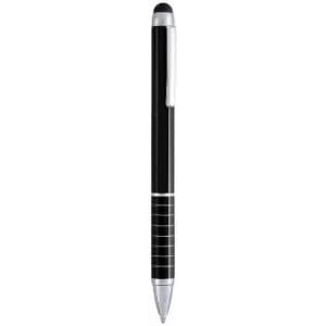A black pen with silver accents and a textured grip, featuring a logo on the side.