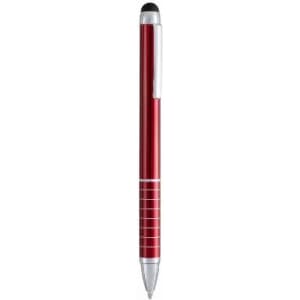 A red pen with a silver clip and a stylus tip on top, featuring decorative grooves.