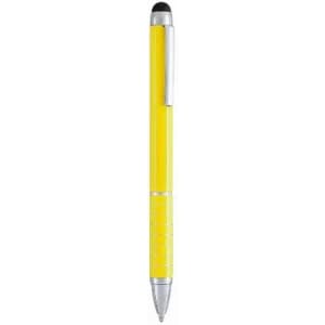 A yellow pen with a silver clip and a rubber grip. The pen features a stylus tip at one end.