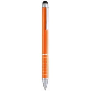 An orange pen with a silver clip and a stylus tip at the top. The pen features a sleek design with grip lines.