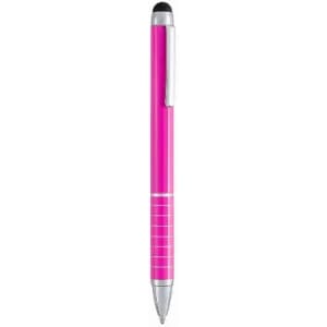 A pink pen with a silver clip and a striped grip, featuring a stylus tip on one end.