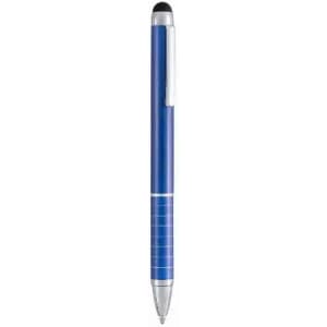 A blue pen with a silver clip and a stylus tip. The pen features a sleek, modern design.