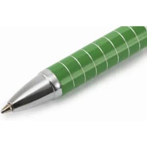 A green pen with a silver tip and striped design. The pen features a shiny metallic finish.
