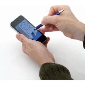 A hand holding a smartphone, using a stylus to draw on the screen. The smartphone displays a simple drawing.