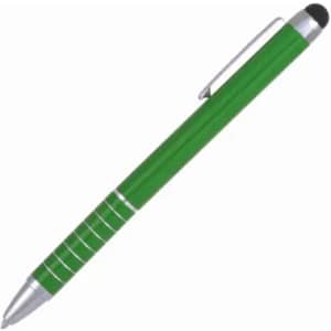 A green pen with silver accents and a stylus tip. The barrel features a textured grip.