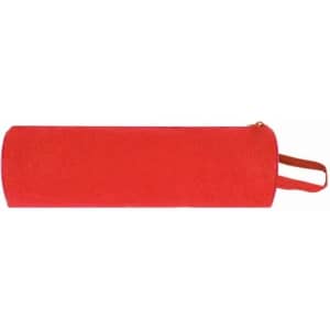A red cylindrical promotional product with a zip closure and a carrying strap. It features a logo.