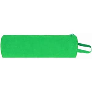 A green cylindrical carry pouch with a zip closure and a carrying handle.
