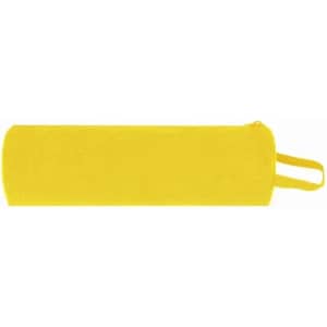 A cylindrical yellow drink bottle with a zip closure and carry handle, featuring a logo.