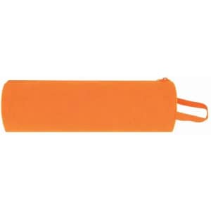 An orange drink bottle with a zippered compartment and a handle, featuring a logo.