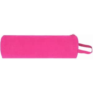 A pink drink bottle with a textured surface and a carrying handle. It features a zip closure and has a logo.