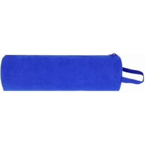 A drink bottle in a cylindrical shape, featuring a vibrant blue colour and a carrying handle. It has a branding logo.
