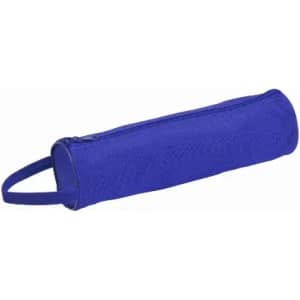 A cylindrical blue storage pouch with a zipper and a handle. It has a textured exterior and is designed for carrying items.