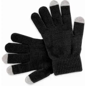 A pair of black gloves with grey tips on the fingers, featuring a knitted texture and ribbed cuffs.