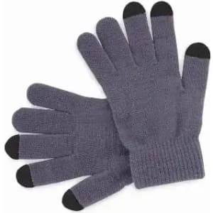 A pair of grey gloves with black tips on the fingers, laid flat against a white background.