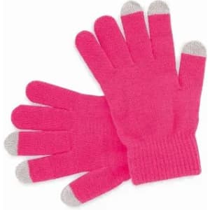 Bright pink gloves with silver tips on the fingers, featuring a soft, knitted texture.