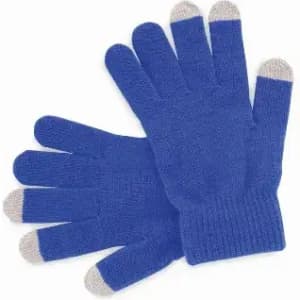 Blue gloves with grey tips, designed for touch screen use. Features a simple, warm knit design.