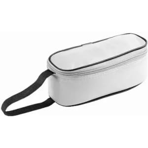 A white zippered cosmetic bag with a black trim and strap for easy carrying.