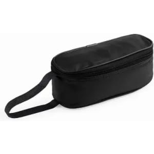 A zippered black toiletry bag with a handle, featuring a sleek, streamlined design.