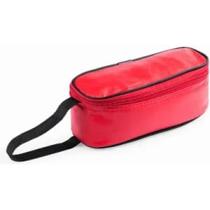 A red zippered pouch with a black trim and a carrying handle. It is elongated and slim in shape.
