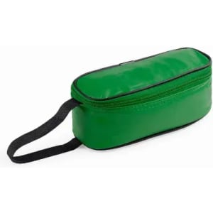 A green zippered pouch with a black handle, suitable for storing stationery or small items.
