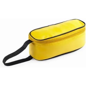 A yellow zippered bag with a black strap, featuring a sleek, rounded design.