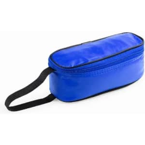 A blue promotional product pouch with a zip closure and a black strap. It has a smooth, shiny finish.