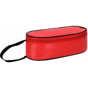 A red zippered storage case with a black handle, featuring an oval shape and a glossy finish.