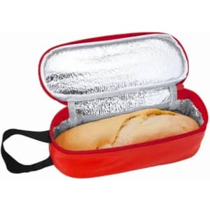 A red insulated bag with a silver interior, containing a loaf of bread. It features a black handle.