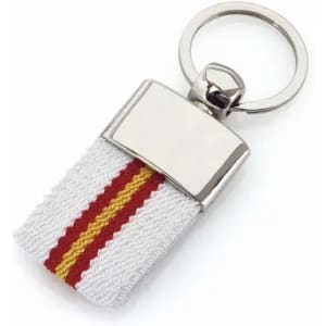 A keychain featuring a silver metal clip with a white fabric strap and red and yellow stripes.